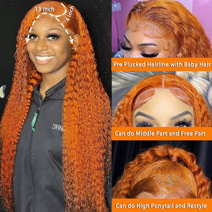 Orange Ginger Lace Front Wig Human Hair 30 Inch Curly Lace Front Human Hair Wig Deep Wave 13X4 13X6 Hd Lace Frontal Wigs