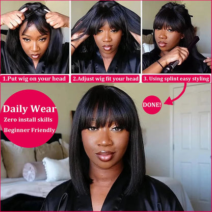 3X1 Middle Part Lace Wig Bob Wigs Full Machine Made Bone Straight Human Hair Wigs with Bangs Short Bob Human Hair Wigs