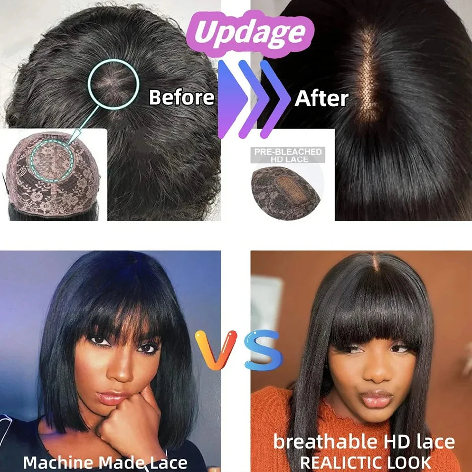 3X1 Middle Part Lace Wig Bob Wigs Full Machine Made Bone Straight Human Hair Wigs with Bangs Short Bob Human Hair Wigs